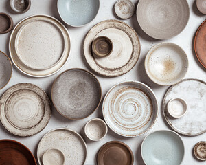 handmade ceramics, empty craft ceramic plates and bowls on light background, top view - obrazy, fototapety, plakaty