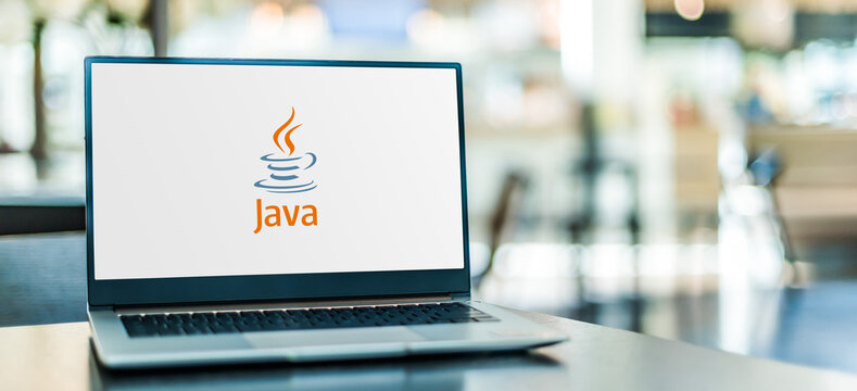 Laptop computer displaying logo of Java