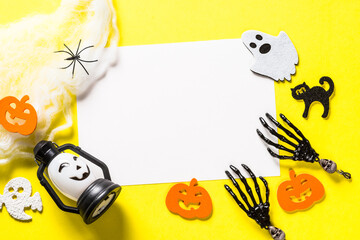 Halloween flat lay mock up background with party decorations.