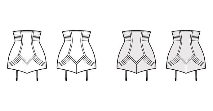 Panty girdle Vintage Look High Waist lingerie technical fashion illustration with attached garters. Flat template front, back white grey color style. Women men unisex underwear CAD mockup