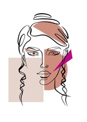 portrait of a woman, minimalist face art with contunuous line strokes, geometric shapes - rectangle, circle, triangle, flash tone color scheme, fashion illustration