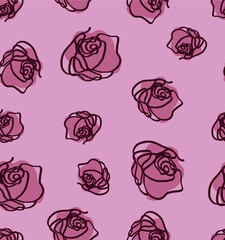 Abstract One Line Drawing Roses Repeating Vector Pattern Isolated Background