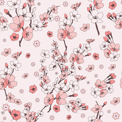Vector pretty pink cherry blossoms seamless pattern background. Great use for fabric, wallpaper, giftwrap, home decor items, wellbeing etc.