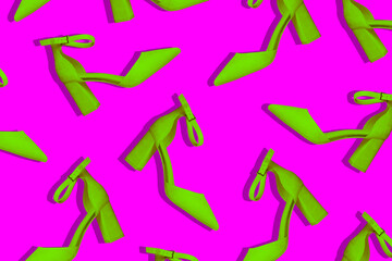 Fototapeta na wymiar Light green shoes on a purple background. Minimal concept, collage. Womens magazine and fashion