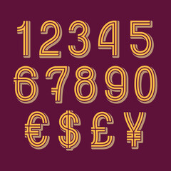 Double stripe style numbers with currency signs of American dollar, euro, British pound, Japanese yen. Vector symbols.