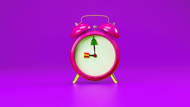 Conceptual alarm clock on the topic of Christmas. Countdown to gifts and green trees.
Gifts are falling on the back. Sale, promotions, bargains, price reductions.
Last frame can be easy loopable. Incl