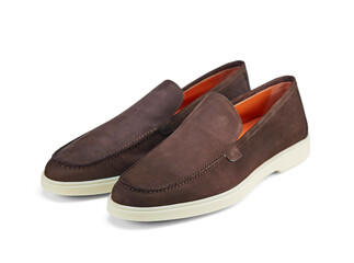 Pair of light men's summer shoes made of brown suede on a white rubber sole. Light and practical shoes for everyday wear.