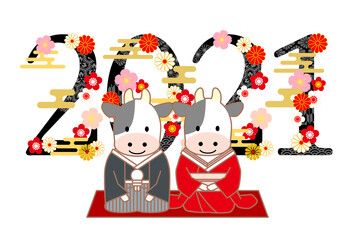 2021年丑年和装年賀状-白背景