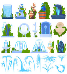 Water fountain architecture decor vector illustration set. Cartoon flat architectural elements, exterior collection of geyser waterfall splashing drops, outdoor water park decoration isolated on white