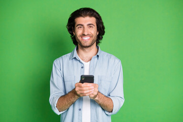 Portrait of his he nice attractive cheerful cheery glad mature guy using gadget device app 5g...