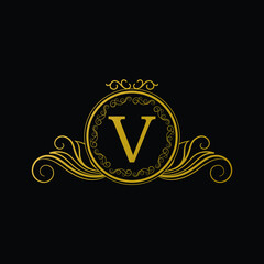 Logo Design for Hotel,Restaurant and others. Luxury Badge Logo Design of Letter V. Golden Luxury Letter V