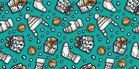 Naklejka premium Colored seamless pattern wallpaper with christmas clothes, gifts and bells for the new year holiday. Winter illustration mittens, hat and sock for december party design