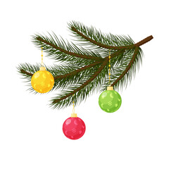 Spruce branches with colorful Christmas balls. Elements of Christmas decor in a flat style, isolated on a white background. Vector illustration for New year and Christmas design