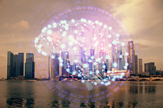 Brain hologram drawing on city scape background Double exposure. Brainstorming concept. © peshkova