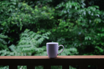 Cup of black coffee in the morning and nature tree mountain background