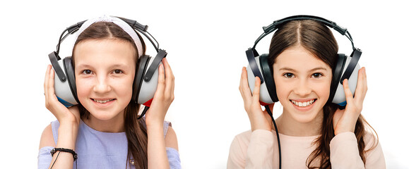 Hearing test, audiometry. Two girls wearing headphones getting hearing diagnostic, isolated on...