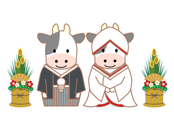 2021年丑年和装年賀状-白背景