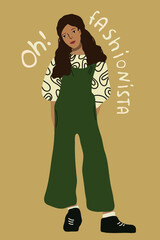 Cute card. Pretty girl in a stylish way . Flat illustration. Design for poster, card, invitation, placard, brochure, flyer, web.