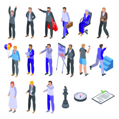 Successful businessman icons set. Isometric set of successful businessman vector icons for web design isolated on white background