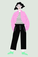 Cute card. Pretty girl in a stylish way . Flat illustration. Design for poster, card, invitation, placard, brochure, flyer, web.