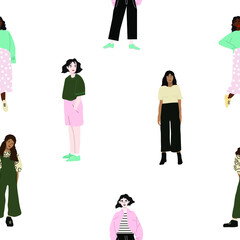 Seamless pattern and hand drawn texture. Pretty girls posing in different poses. Flat illustration. Design for poster, card, invitation, placard, brochure, flyer, web.