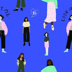 Seamless pattern and hand drawn texture. Pretty girls posing in different poses. Flat illustration. Design for poster, card, invitation, placard, brochure, flyer, web.