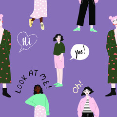 Seamless pattern and hand drawn texture. Pretty girls posing in different poses. Flat illustration. Design for poster, card, invitation, placard, brochure, flyer, web.