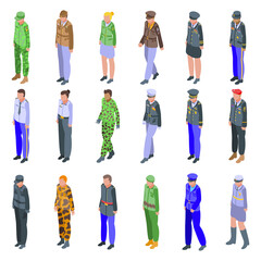 Military uniform icons set. Isometric set of military uniform vector icons for web design isolated on white background