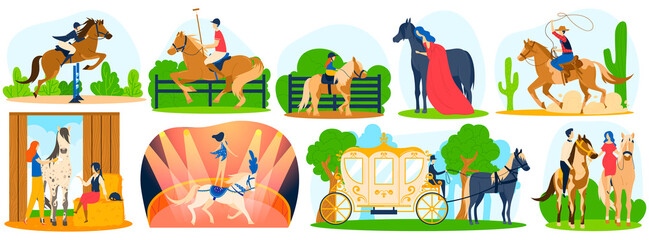 Horse sport race vector illustration set. Cartoon flat animal horsy collection with horse jockey ride on racetrack hippodrome competition, circus performers on horseback, carriage isolated on white