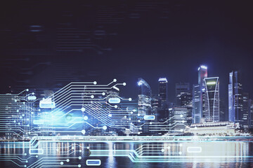 Data theme hologram drawing on city view with skyscrapers background multi exposure. Ai concept.