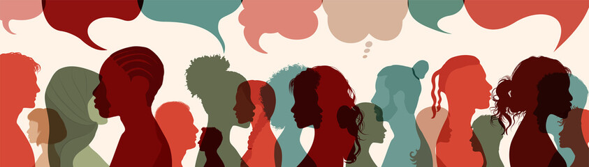 Crowd.Silhouette heads faces to the side of group of international people talking.Diversity people.Speech bubble. Communication. Communicate on social networks. Racial equality.Ethnicity