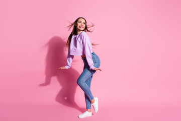 Full size photo of attractive lovely girl look good copyspace enjoy free time her hair blow wind air fly wear style stylish trendy lilac pullover isolated pastel color background