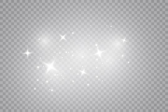 Glowing light effect with many glitter particles isolated on transparent background. Vector starry cloud with dust. 