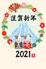 2021年丑年和装年賀状-ベージュ色背景