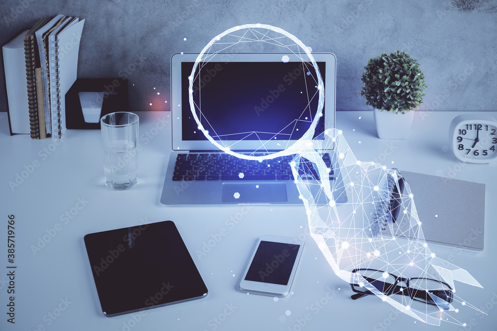 Aufkleber Desktop computer background in office and start up theme hologram drawing. Double exposure. Startup concept.