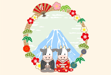 2021年丑年和装年賀状-ベージュ色背景