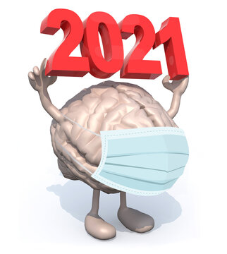 brain with arms, legs and the 3D inscription 2021