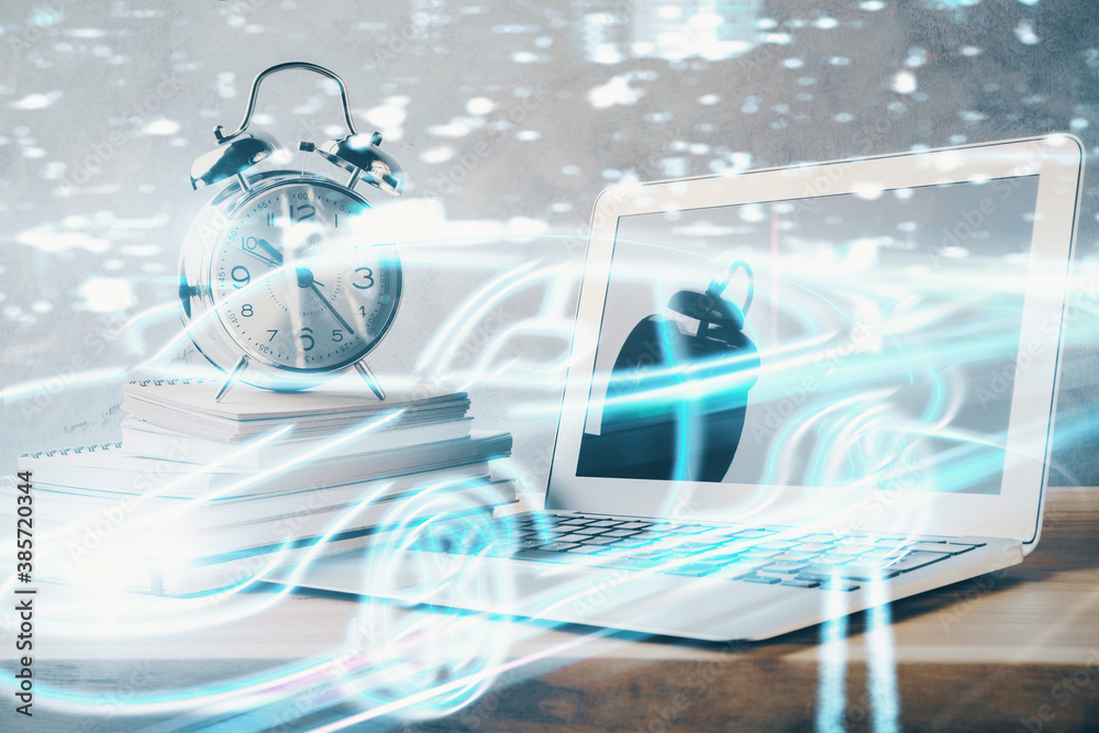 Poster Desktop computer background in office with automobile hologram drawing. Multi exposure. Tech concept.