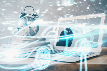 Desktop computer background in office with automobile hologram drawing. Multi exposure. Tech...