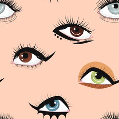 Eyes on a white background. Seamless pattern. Woman's eye. Eye makeup. Graphics. Isolated vector illustration.