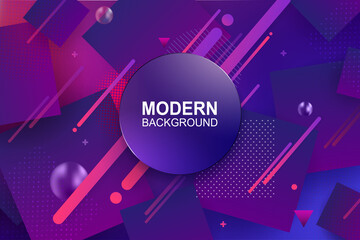 Fototapeta premium Geometric composition with a gradient of blue and purple shades, a round blue frame, a set of squares and stripes