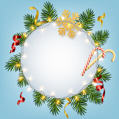 Christmas and New Year background with realistic pine branches, shining garlands, candy canes, serpentine, glitter gold snowflake. Template for New Year greeting card, poster, postcard, banner