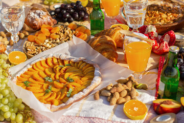 A picnic in the park with beautiful glasses, fruits and pastries.