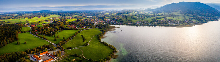 Tegernsee lake in the Bavarian Alps. Aerial Panorama Mountain View. Autumn, Fall. Germany, Bavaria close to Austria. Travel Destination