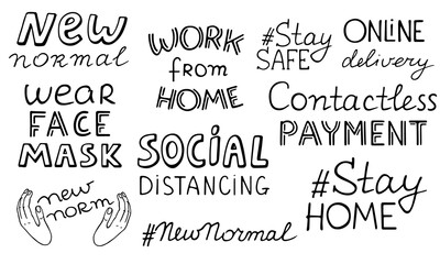New normal lettering set. Hand drawn black phrase Social Distancing Wear Face Mask Stay Home Work from Home Online Delivery Contactless Payment. Stock vector illustration isolated on white background.