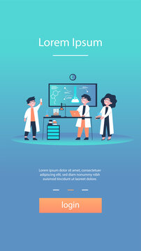 School Children Conducting Chemical Experiment In Lab At Chemistry Class. Happy Kids Fond Of Science. Vector Illustration For Education, Chemistry Learning, School Lab Concept