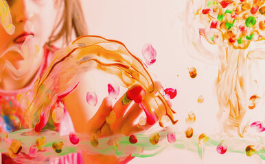 Beautiful young girl painting image on the glass with colorful finger. Selective focus.