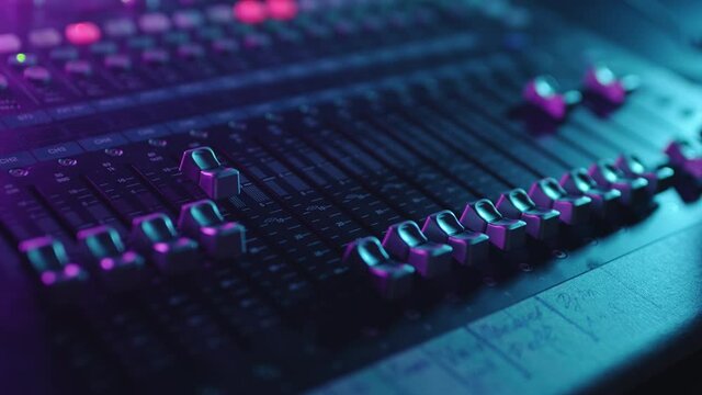 Electric machine on table for working of sound designer or club dj at party in nightclub. Occupation for modern lifestyle, objects for listen at background. Musical player for tuning of stage close up