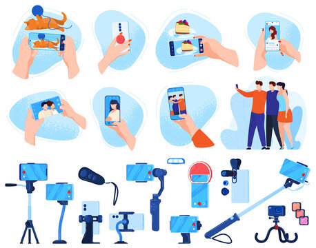 Photo phone shooting vector illustration set. Cartoon flat mobile smartphone photography, equipment collection of photographer hand with digital camera taking photos, people posing isolated on white