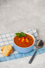 Delicious gazpacho - traditional spanish cold soup puree from vegetables in bowl on light background with copy space for text.